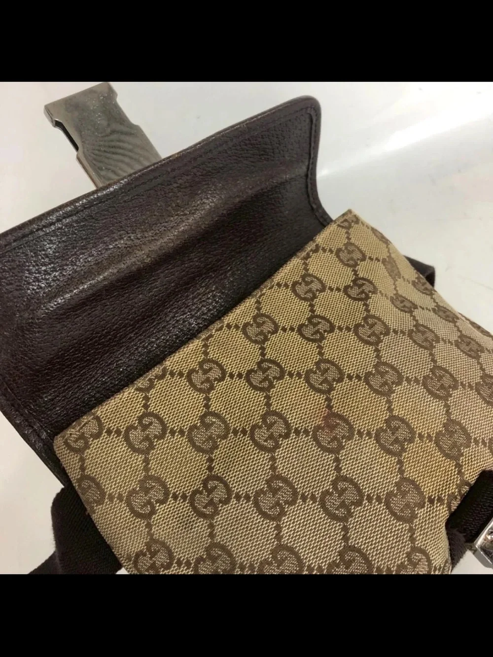Gucci Beige GG Supreme Canvas Belt Bag with Dark Brown Strap